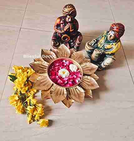 Amishi Blissful Decor Lotus Flower Border Designer Decorative Urli Beautiful Handcrafted Bowl for Floating Flowers and Tea Light Candles Home, Office and Table Decor (Golden) 