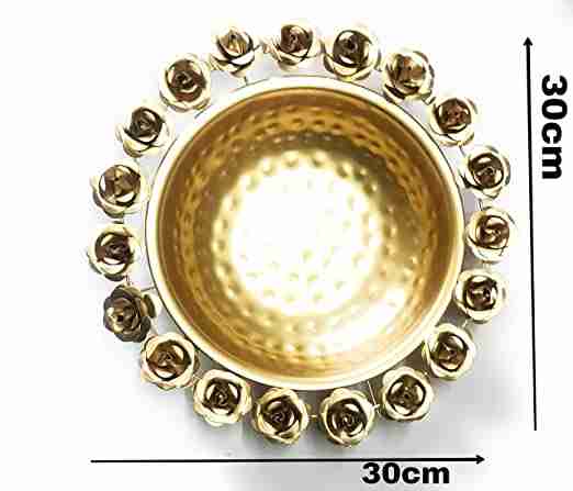 Amishi Blissful Decor Round Rose Flower Border Designer Decorative Iron Urli Beautiful Handcrafted Bowl (Golden) 