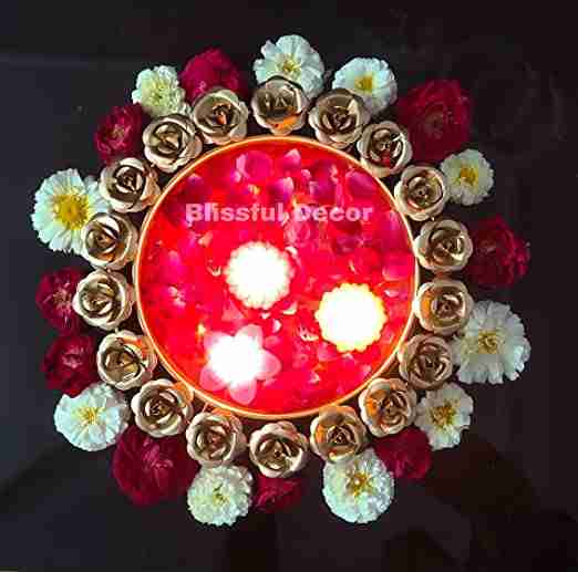 Amishi Blissful Decor Round Rose Flower Border Designer Decorative Iron Urli Beautiful Handcrafted Bowl (Golden) 