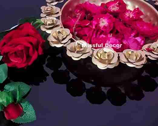 Amishi Blissful Decor Round Rose Flower Border Designer Decorative Iron Urli Beautiful Handcrafted Bowl (Golden) 