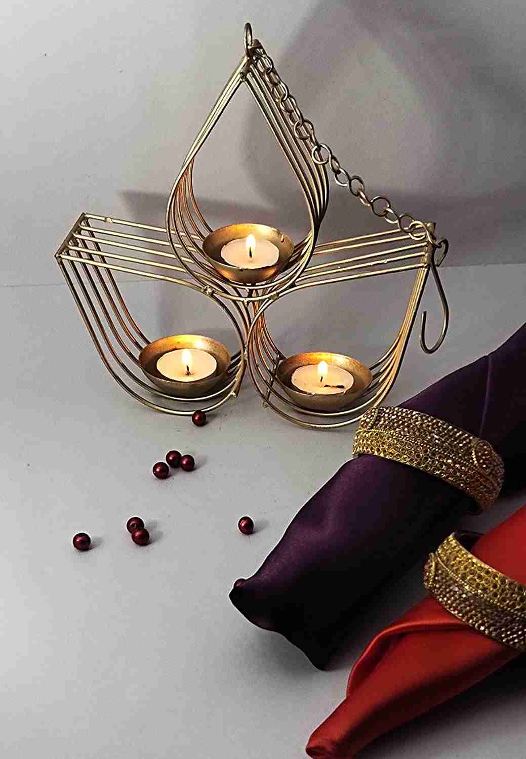 Amishi Blissful Decors Diwali Decorative Metal 3 Diya Hanging Tealight Candle Holder with Chain 
