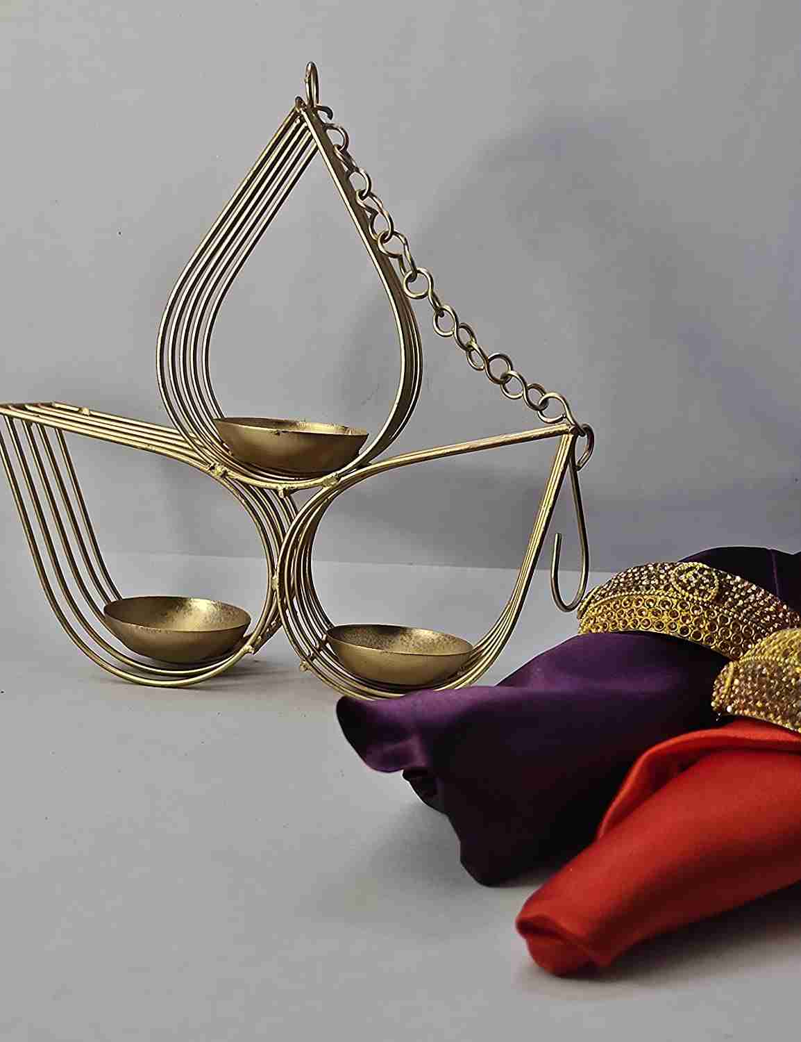 Amishi Blissful Decors Diwali Decorative Metal 3 Diya Hanging Tealight Candle Holder with Chain 
