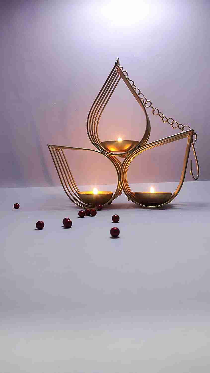 Amishi Blissful Decors Diwali Decorative Metal 3 Diya Hanging Tealight Candle Holder with Chain 
