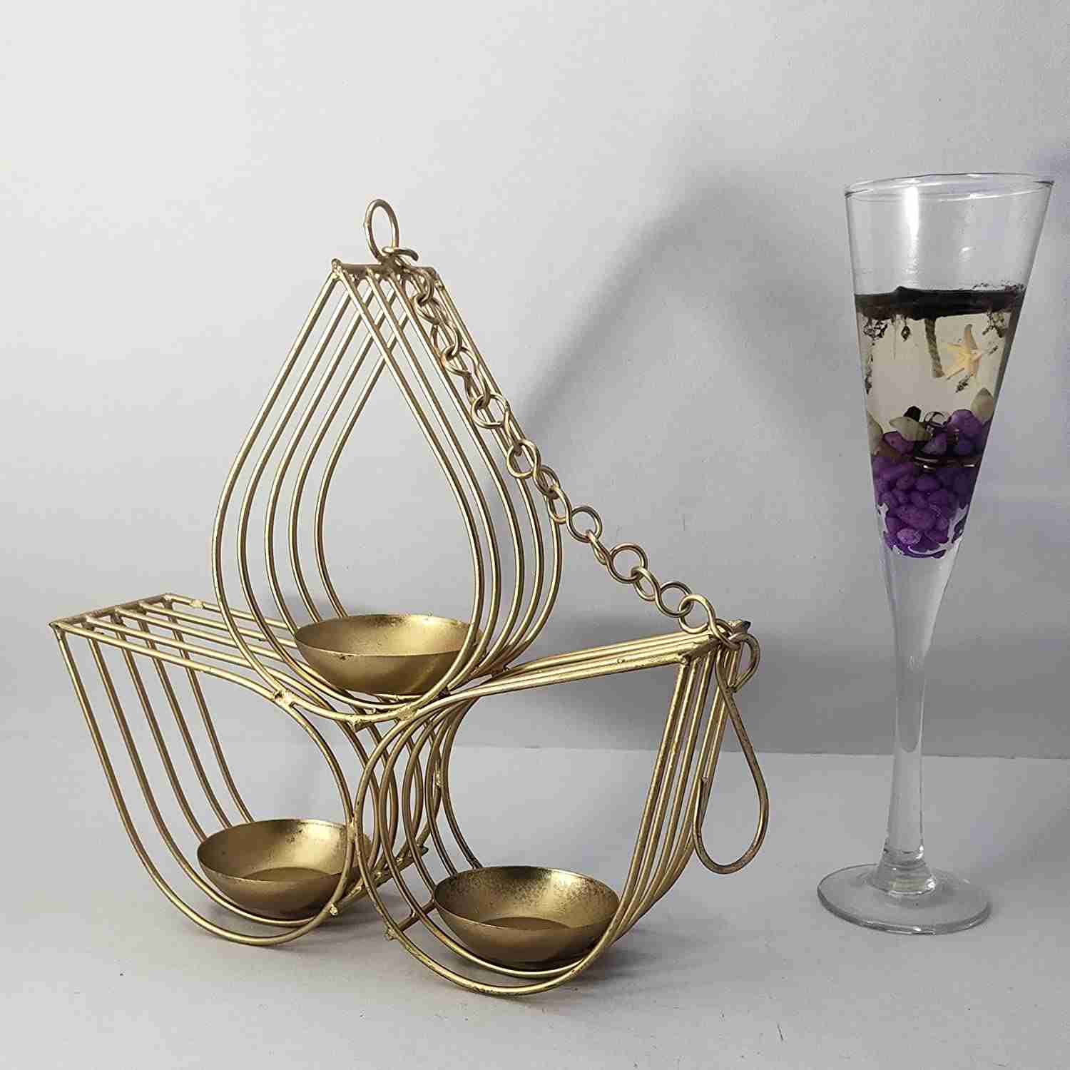 Amishi Blissful Decors Diwali Decorative Metal 3 Diya Hanging Tealight Candle Holder with Chain 