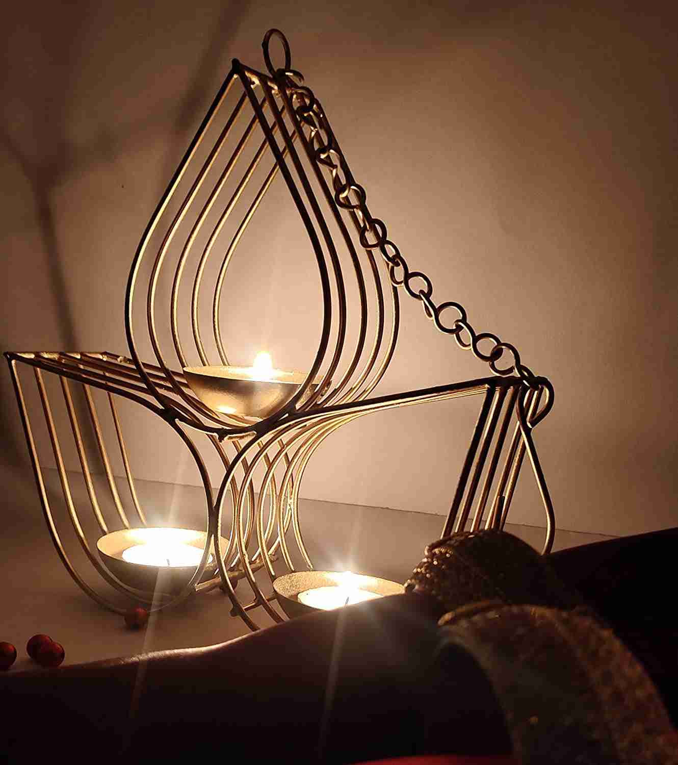 Amishi Blissful Decors Diwali Decorative Metal 3 Diya Hanging Tealight Candle Holder with Chain 