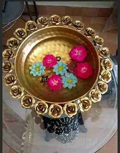Home Trends India Decors Golden Decorative Metal Rose Urli Bowl (12 inches) (Flower Urli Bowl) 