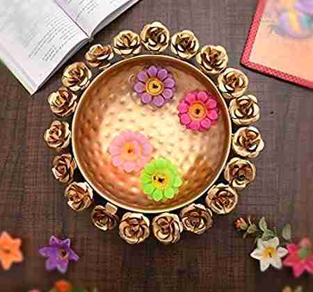 Home Trends India Decors Golden Decorative Metal Rose Urli Bowl (12 inches) (Flower Urli Bowl) 