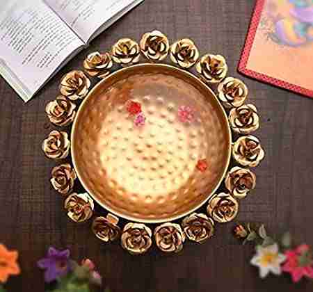Home Trends India Decors Golden Decorative Metal Rose Urli Bowl (12 inches) (Flower Urli Bowl) 
