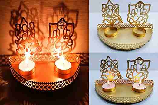 Shadow Golden Ganesh and Laxmi Ji Combo of Metal Tea Light Holder for Diwali Decoration & Gifting Purpose Golden 