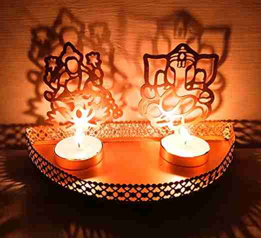Shadow Golden Ganesh and Laxmi Ji Combo of Metal Tea Light Holder for Diwali Decoration & Gifting Purpose Golden 