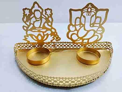 Shadow Golden Ganesh and Laxmi Ji Combo of Metal Tea Light Holder for Diwali Decoration & Gifting Purpose Golden 
