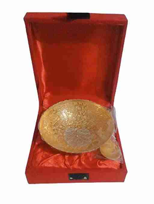 WithAgain and Brass Gold Plated Floral Bowl Set with Serving Spoon Used for Dry Fruit, Sweets Home Decor Item with Velvet Box Size 4 inche 