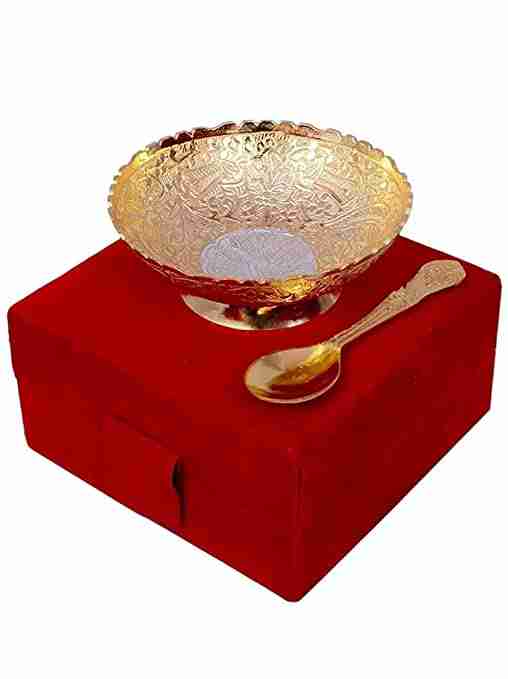 WithAgain and Brass Gold Plated Floral Bowl Set with Serving Spoon Used for Dry Fruit, Sweets Home Decor Item with Velvet Box Size 4 inche 