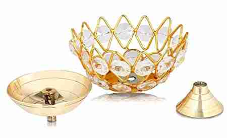 WithAgain Crystal Akhand Diya Oil Puja Lamp Decorative Round for Home Office Gifts Pooja Articles Decor (Medium, Golden) Set of 4 