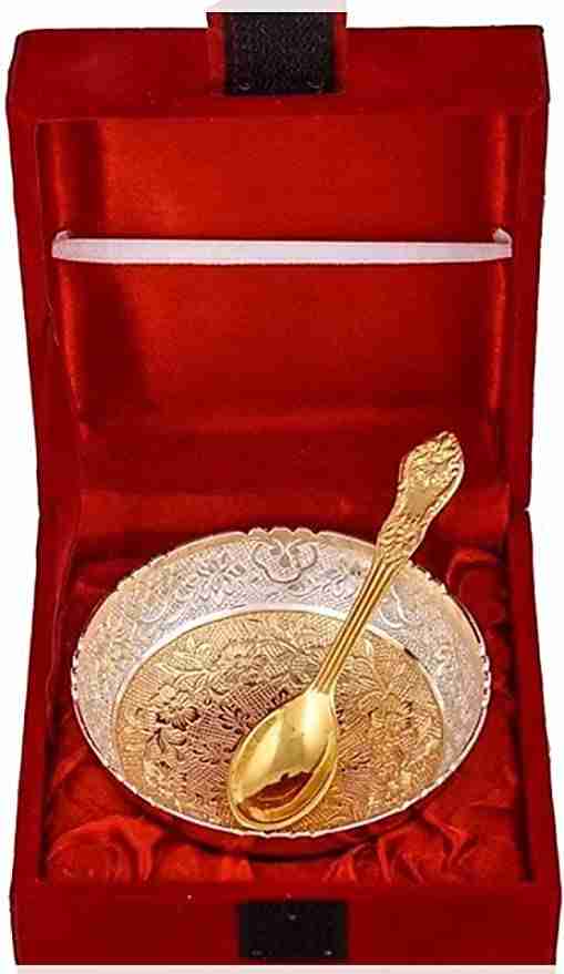 WithAgain Gold Plated Bowl Sets with Spoon Used for Dry Fruit, Sweets and Home Decor with Velvet Box Gift Items Size 3.5 inche 