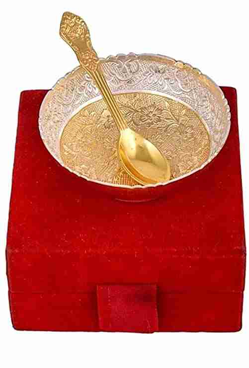 WithAgain Gold Plated Bowl Sets with Spoon Used for Dry Fruit, Sweets and Home Decor with Velvet Box Gift Items Size 3.5 inche 