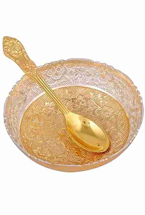 WithAgain Gold Plated Bowl Sets with Spoon Used for Dry Fruit, Sweets and Home Decor with Velvet Box Gift Items Size 3.5 inche 