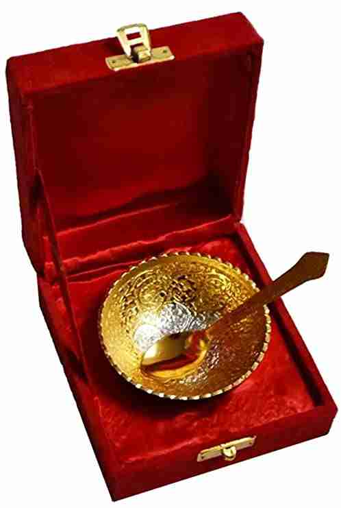WithAgain Gold Plated Bowl Sets with Spoon Used for Dry Fruit, Sweets and Home Decor with Velvet Box Gift Items Size 3.5 inche 