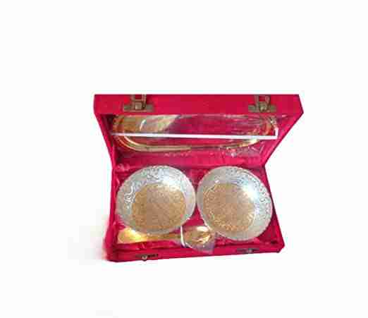 WithAgain Silver and Gold Plated Bowl Set with Royal Red Velvet Gift Box ( Box Contains ,2 Bowls , 2 Spoons & 1 Tray ) 4inche Bowl 