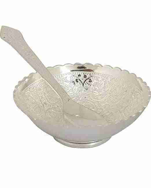 WithAgain Silver Plated Bowl with Spoon (Set Silver) with Velvet Box Packing Items for Diwali Gift, Gift and Corporate Gift Size 3.5 Inche 