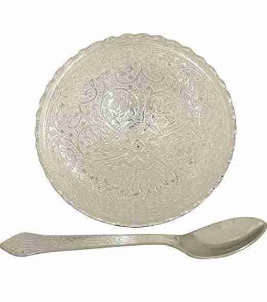 WithAgain Silver Plated Bowl with Spoon (Set Silver) with Velvet Box Packing Items for Diwali Gift, Gift and Corporate Gift Size 3.5 Inche 