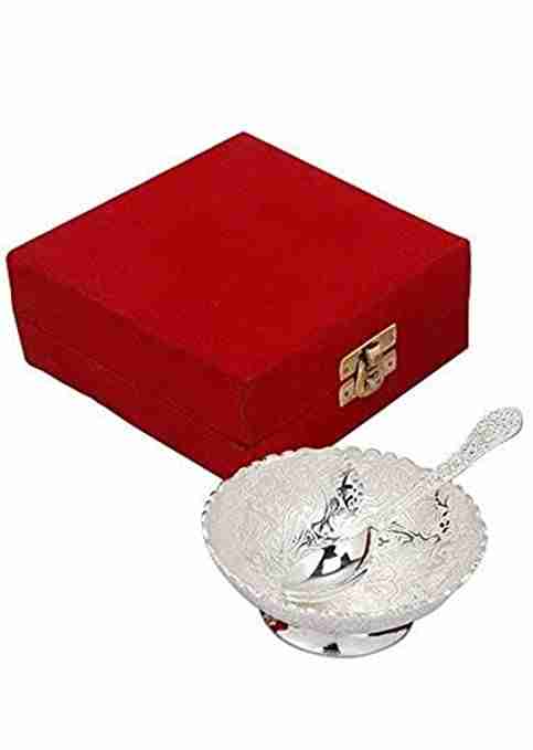 WithAgain Silver Plated Bowl with Spoon (Set Silver) with Velvet Box Packing Items for Diwali Gift, Gift and Corporate Gift Size 3.5 Inche 