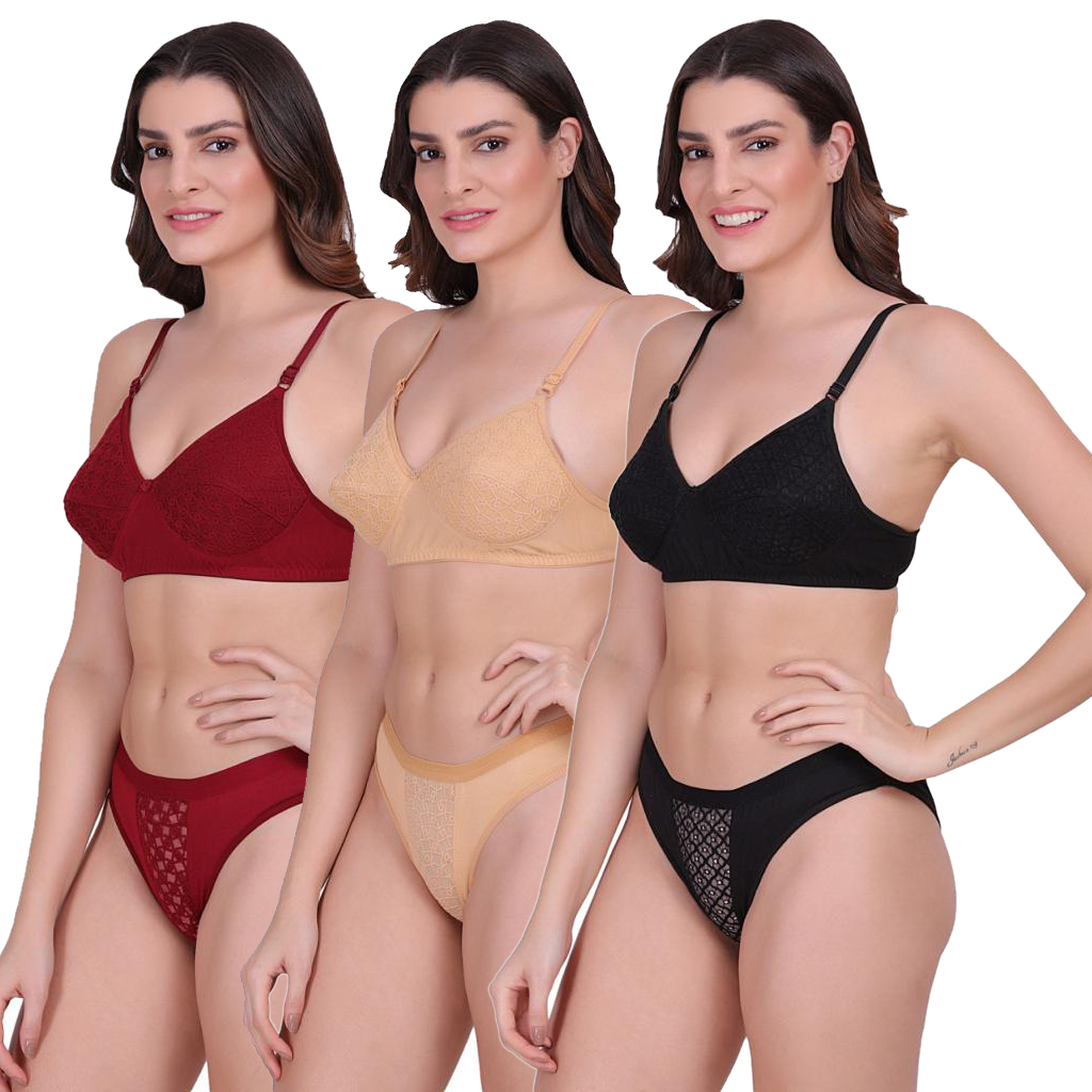 NewSnokhi Women's Cotton Lightly Non Padded Non Wired Bra Sets (Pack of 3)