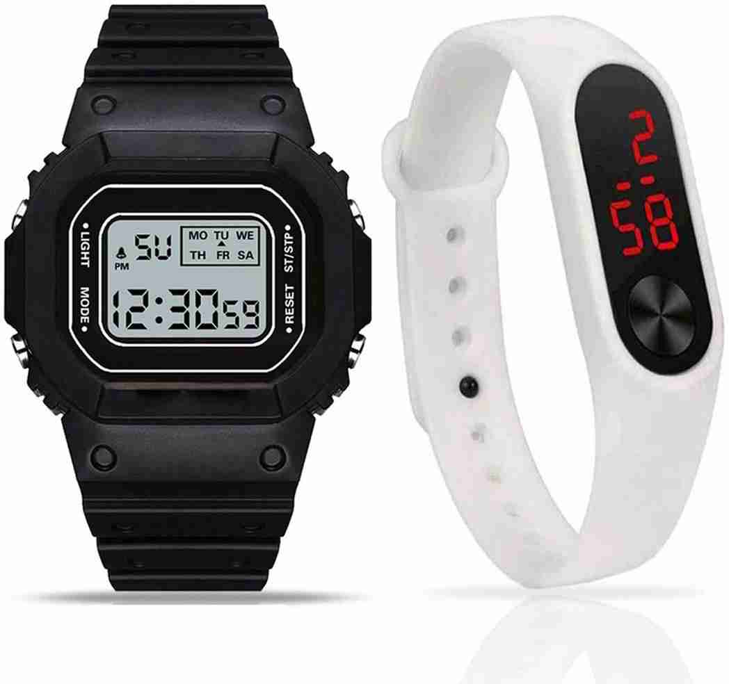 Silicone Digital Digital Sports Watch Water Resistant Black::White Colour