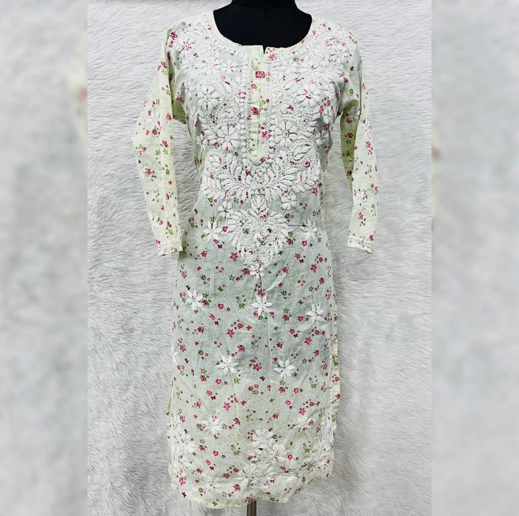 Lucknowi Chikankari Handwork (Ghas Patti) Mul Cotton Printed Kurti