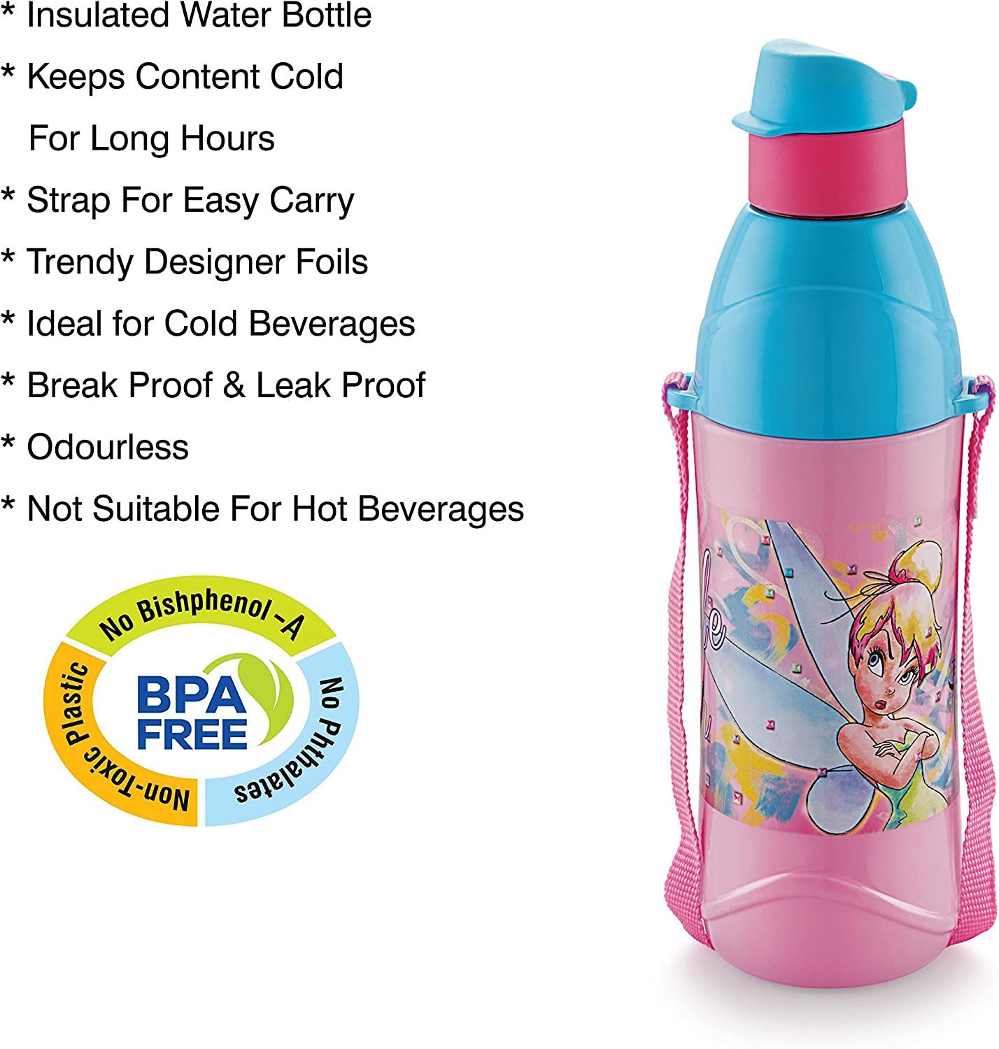Cello Puro Junior Tinker Bell Plastic Water Bottle 600ml (Blue), Set of 1