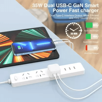 35 W Quick Charge 5 A Multiport Mobile 35W Dual USB-C Port Compact Power Adapter-ewe Charger  (White)