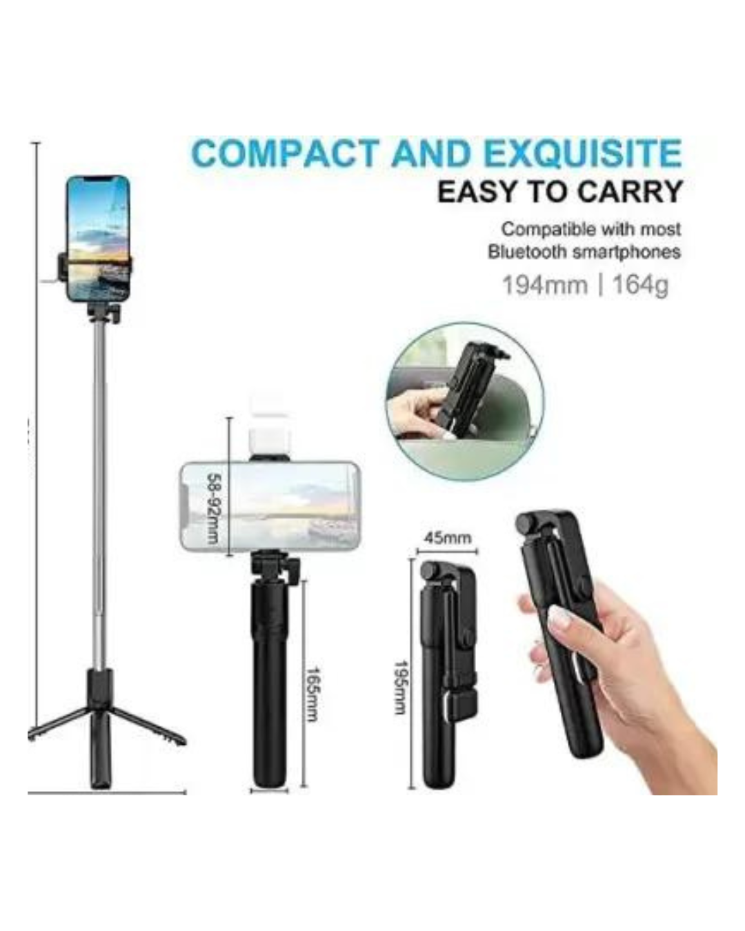  R1s Bluetooth Selfie Sticks with Remote and Selfie Light, 3-in-1 Multifunctional Selfie Stick Tripod Stand Compatible with iPhone-OnePlus-Samsung-Realme & All Smartphones-Go Pro Bluetooth Selfie Stick  ( Remote Included)