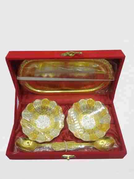  WithAgain Silver and Gold Plated Bowl Set with Royal Red Velvet Gift Box ( Box Contains ,2 Bowls , 2 Spoons & 1 Tray )