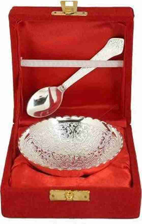 WithAgain Silver Plated Bowl with Spoon (Set Silver) with Velvet Box Packing Items for Diwali Gift, Gift and Corporate Gift Size 3.5 Inche 