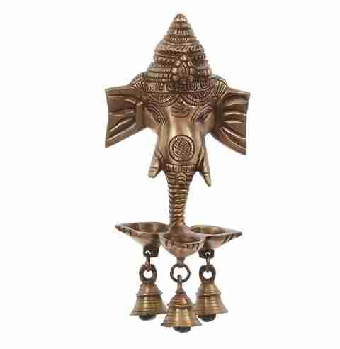 WithAgain Brass Ganesha Ji Wall Hanging Diya with Bells for Home Decor, Brass Hanging Diyas Oil Lamp, Diwali Gifts, Diyas for Diwali, Ghanti for Pooja, Temple Decor, Standard, Pack of 1 