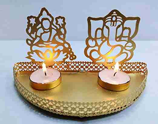 Shadow Golden Ganesh and Laxmi Ji Combo of Metal Tea Light Holder for Diwali Decoration & Gifting Purpose Golden 