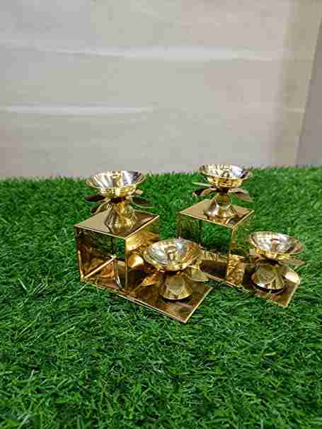 WithAgain Paro Stand Metals Pure Brass Diya for Puja Temple Decoration, Lotus Shape Pillar Stand Oil Lamp Home Mandir Pooja (Set of 2) 