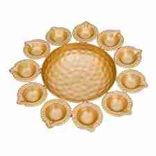 Urbaa Decorative Metal Diya Traditional Lotus Urli Tealight Holder Golden Bowl for Floating Flowers and Tea Light Candles Home,Office and Table Decor Special-Big Size (Multicolor) 14 Inch