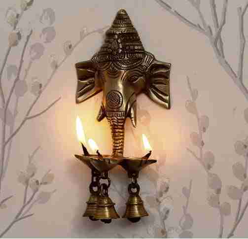 WithAgain Brass Ganesha Ji Wall Hanging Diya with Bells for Home Decor, Brass Hanging Diyas Oil Lamp, Diwali Gifts, Diyas for Diwali, Ghanti for Pooja, Temple Decor, Standard, Pack of 1 