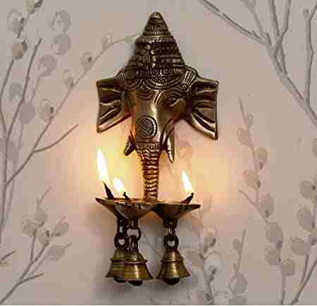 WithAgain Brass Ganesha Ji Wall Hanging Diya with Bells for Home Decor, Brass Hanging Diyas Oil Lamp, Diwali Gifts, Diyas for Diwali, Ghanti for Pooja, Temple Decor, Standard, Pack of 1 