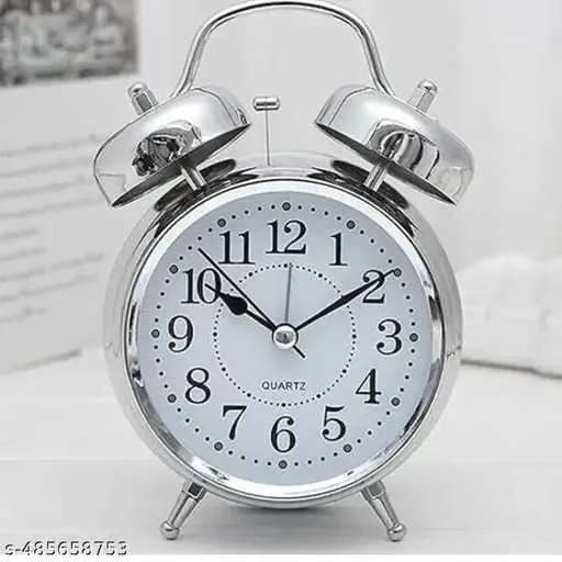 Twin Bell Alarm Clock with Night Led Light Analog Silver Clock