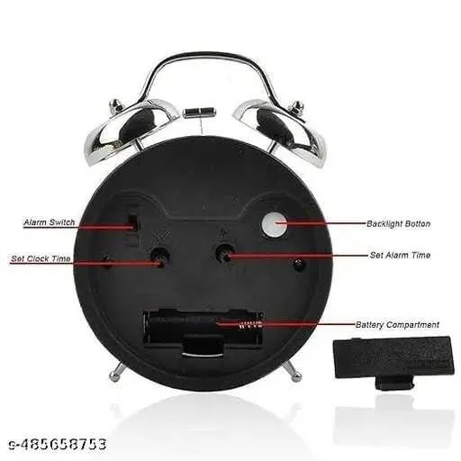 Twin Bell Alarm Clock with Night Led Light Analog Silver Clock