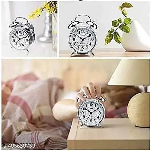 Twin Bell Alarm Clock with Night Led Light Analog Silver Clock