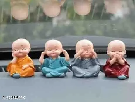 Set of 4 Miniature Buddha Monk with Jute Straw hat Cap Figurines Showpiece for Home, Office Decoration(Multicolor)