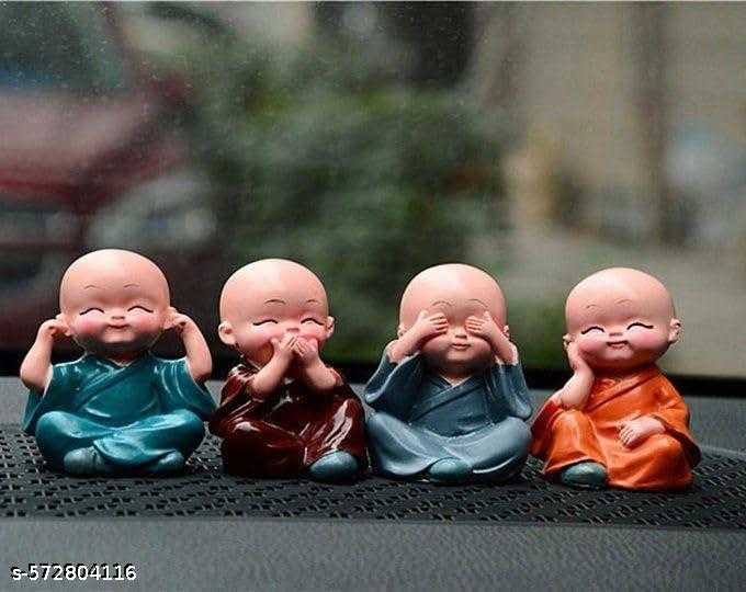 Set of 4 Miniature Buddha Monk with Jute Straw hat Cap Figurines Showpiece for Home, Office Decoration(Multicolor)