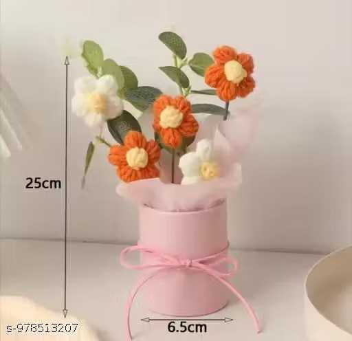  1 Pcs Artificial Daisy Crochet Flower Bouquet with Pot | Home Decor,Table,Gift Red Daisy Artificial Flower  with Pot (22 cm, Pack of 2) multicolours