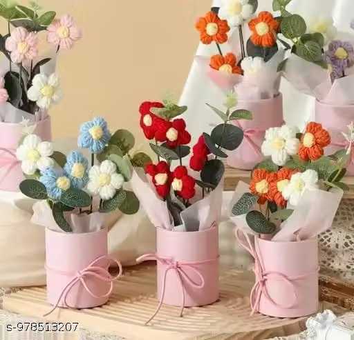  1 Pcs Artificial Daisy Crochet Flower Bouquet with Pot | Home Decor,Table,Gift Red Daisy Artificial Flower  with Pot (22 cm, Pack of 2) multicolours