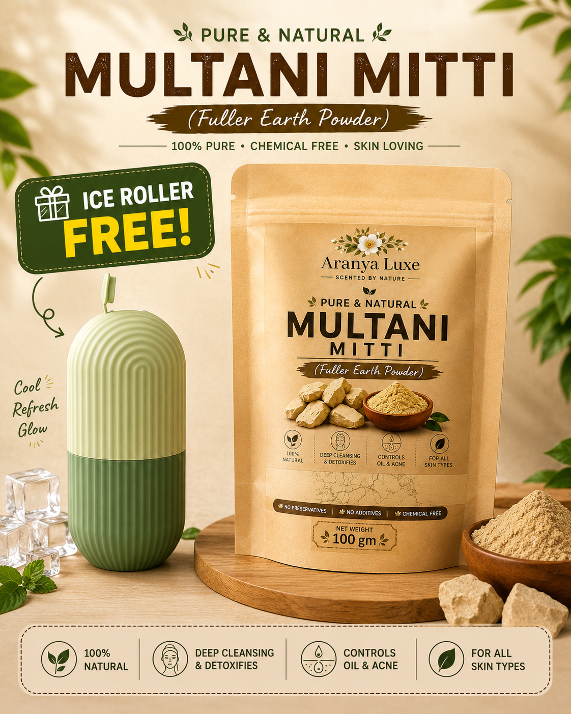 Multani Mitti (Fuller's Earth) + FREE Ice Roller (100 g)