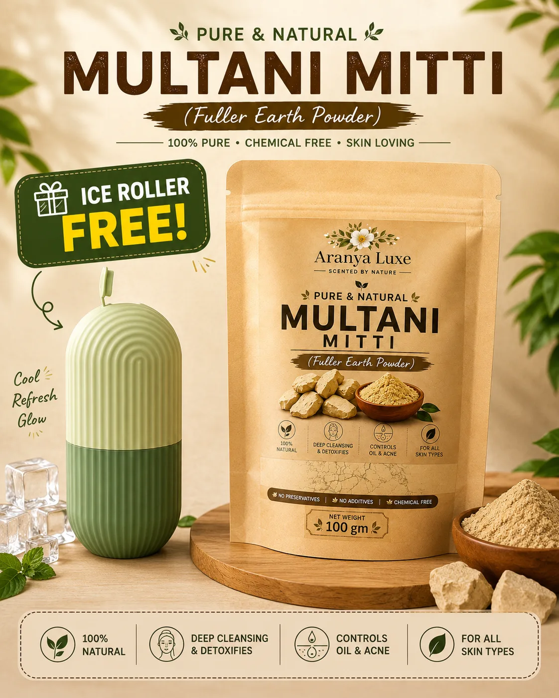 Multani Mitti (Fuller's Earth) + FREE Ice Roller (100 g)