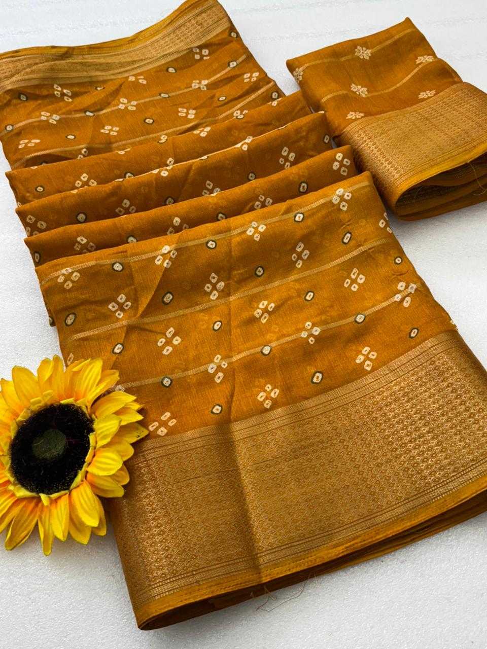  floral print and gold denting zari border all over sarees attached with perfectly matched pallu & blouse peice